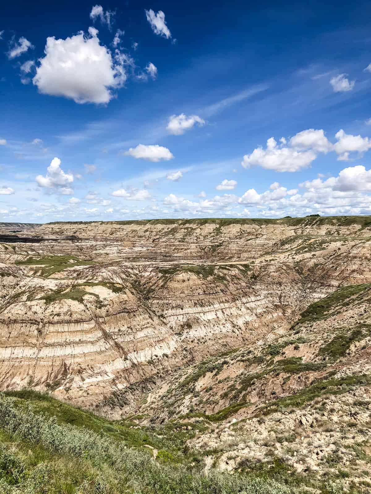 a view down into the valley of hoodoos (on the Dinosaur Trail) set against a blue sky with fluffy white clouds