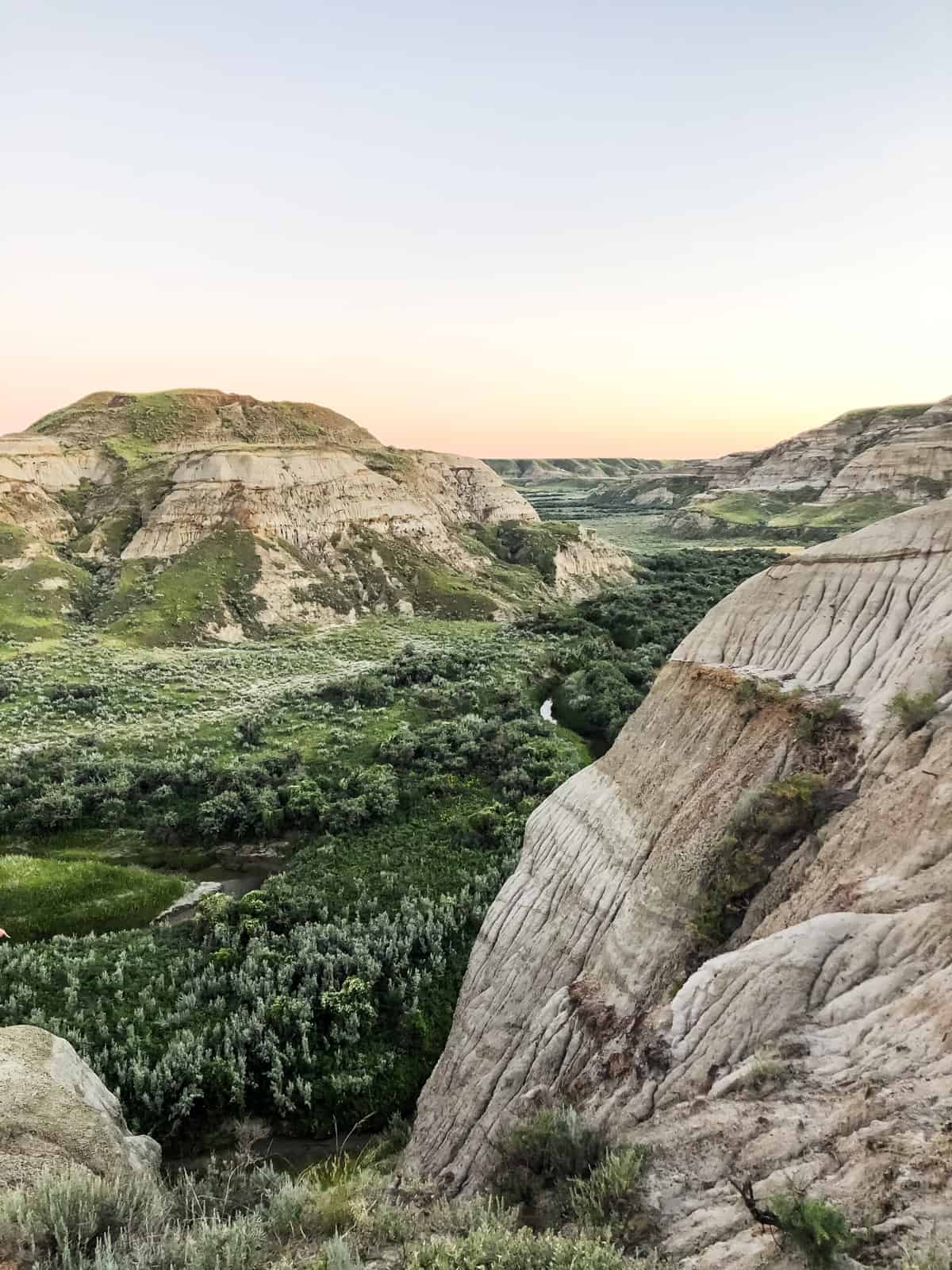 Hoodoos and river valley at dusk