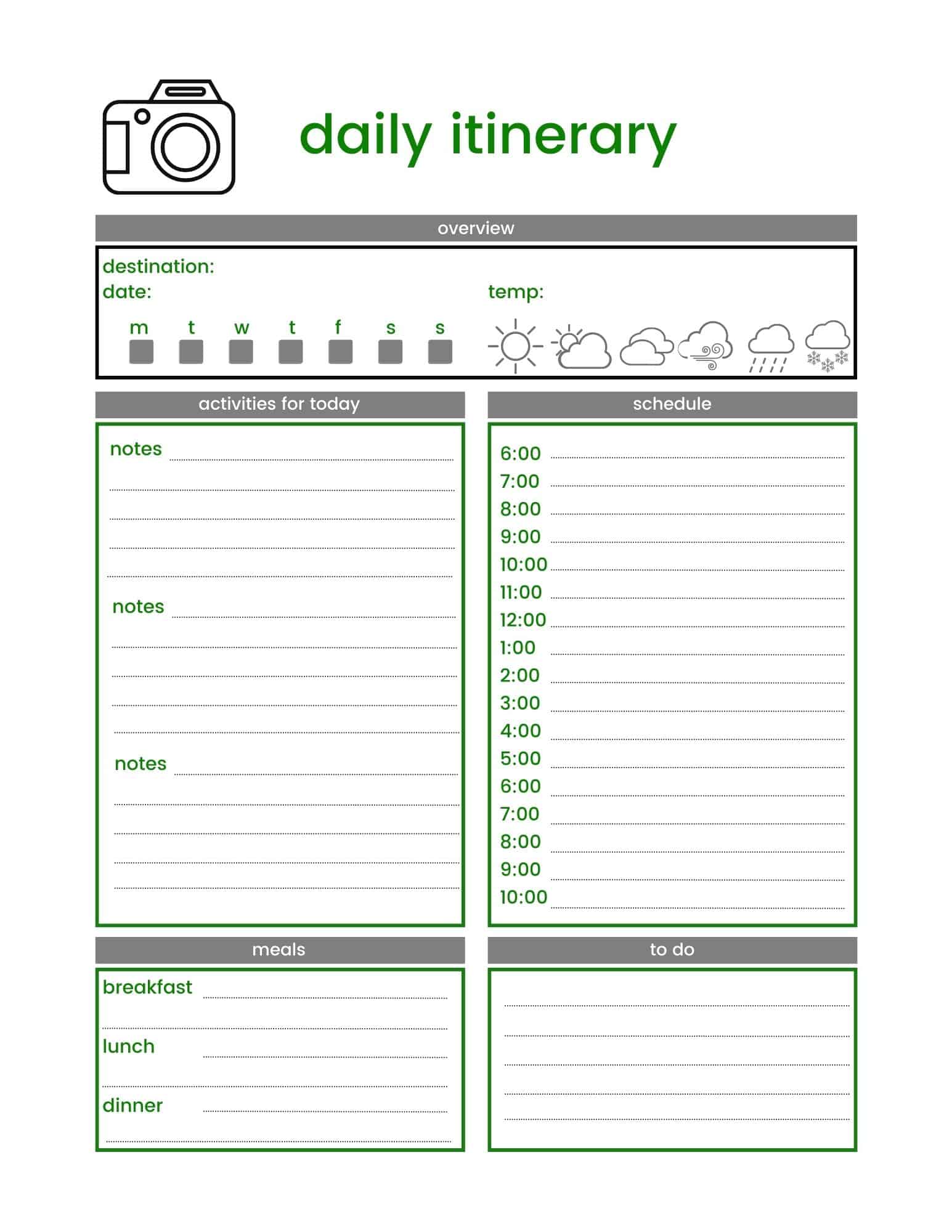 Printable Road Trip Itinerary Template